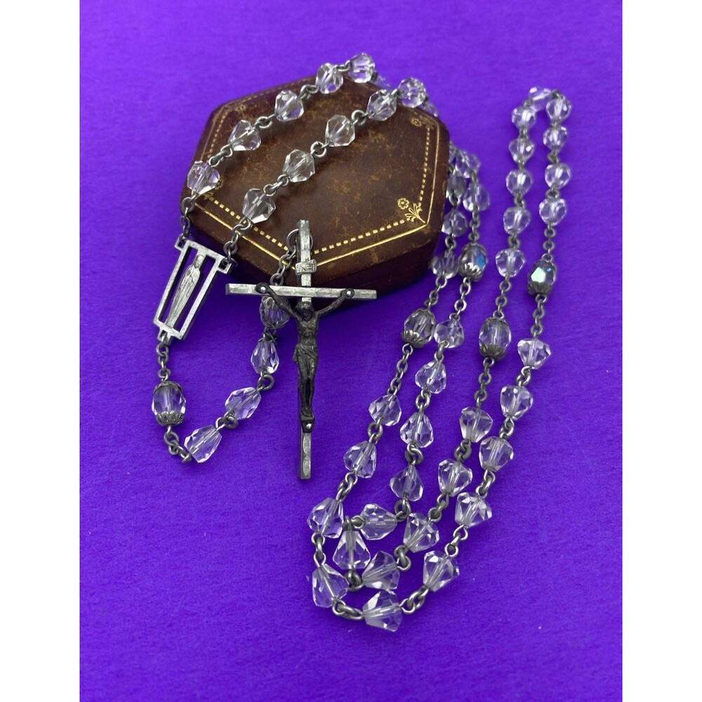 Vintage Clear Crystal Faceted Beads Rosary With Leather Case, Jesus Catholic 23”